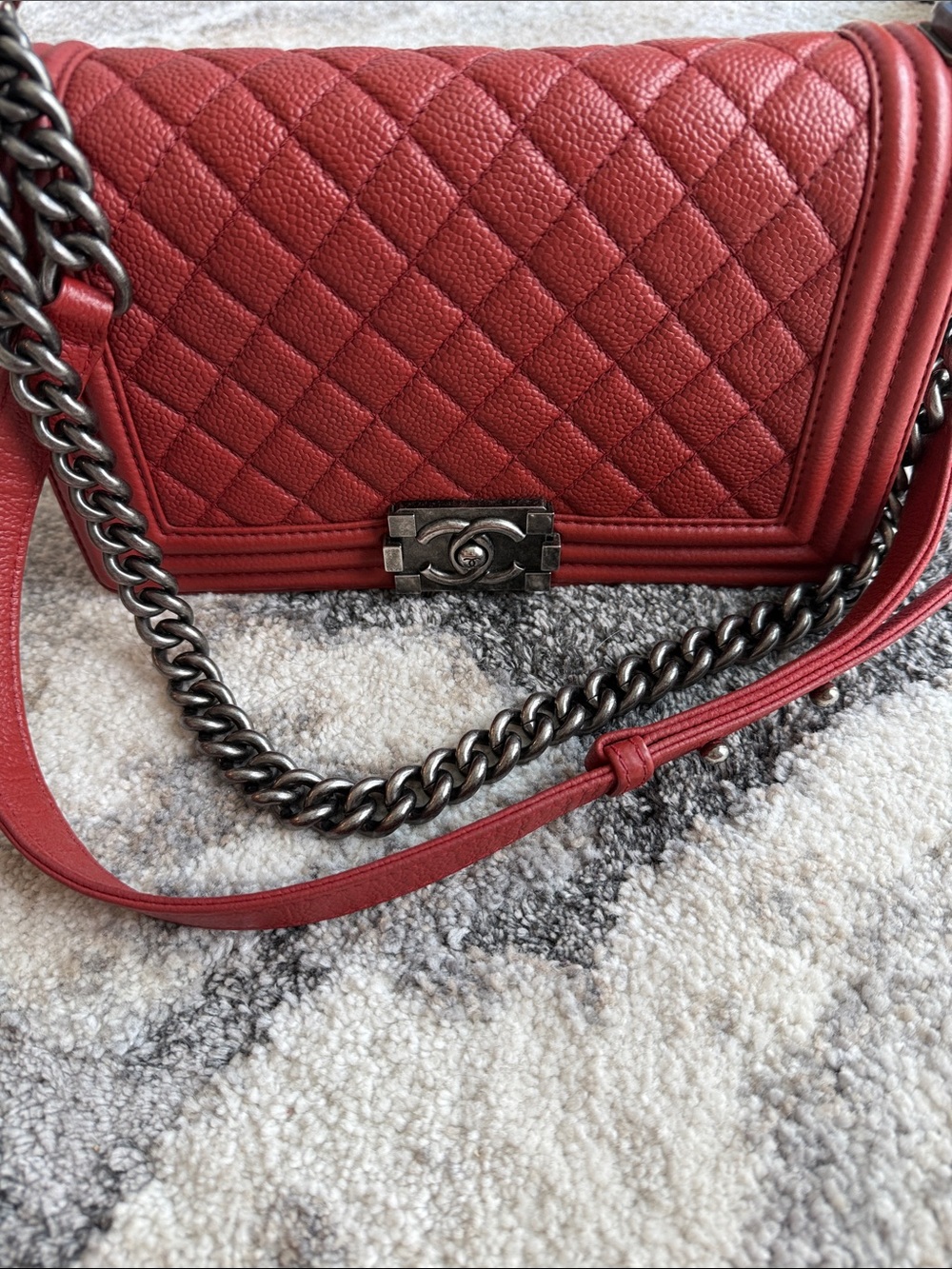 CHANEL Quilted Boy Flap Crossbody in Deep Red with Antique-Silver Hardware - Picture 2 of 16